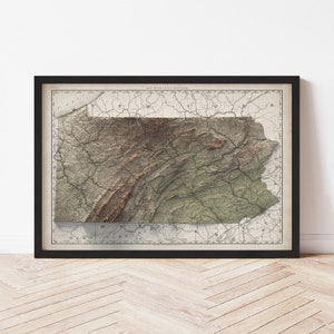Pennsylvania Topographic Map Poster | 1889 Vintage Replica | Giclee Wall Art Print | Framed Home Decor | 3D Relief Illusion