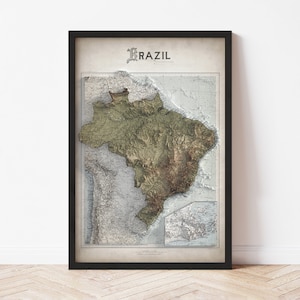 Póster del mapa topográfico de Brasil / Réplica vintage de 1929 / Impresión giclée para pared / Decoración del hogar enmarcada / Ilusión en relieve 3D