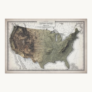 May include: A vintage-style map of the United States of America featuring a shaded relief topography with brown and green earth tones. The map includes state borders, major bodies of water, and a decorative border frame with the title at the top.