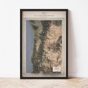 Cascade Range Map - Elevation Map - Map Art - Topographic - Terrain - Relief - Geologic - 3D Effect (Flat Print) - Gift