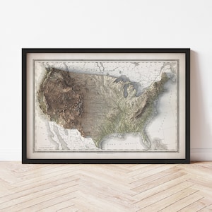 United States Topographic Map Poster | 1889 Vintage Replica | Giclee Wall Art Print | Framed Home Decor | 3D Relief Illusion