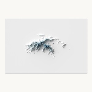 May include: A three-dimensional topographic map of an island featuring white terrain with deep blue and grey shading to indicate elevation changes, ridges, and valleys, set against a plain, solid white background with no other markings.