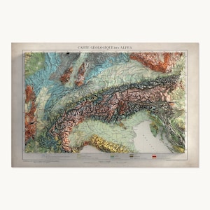 Alps Map | Topographic Shaded Relief Map (1921 Reproduction) | Flat Prints That Look 3D!