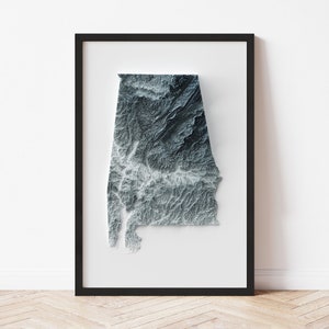 Alabama Topographic Map Poster | Minimalist Original Design | Giclee Wall Art Print Framed Home Decor 3D Relief Illusion
