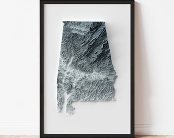 Alabama Minimalist Relief Map - Elevation Map - Map Art - Topographic - Terrain - Relief - Geologic - 3D Effect (Flat Print) - Gift