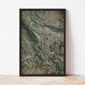 Mapa topográfico de Portland, Oregón: Impresión Giclée estilo satélite