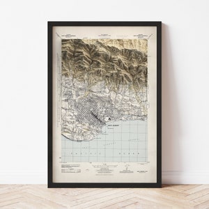 Santa Barbara Topographic Map Poster | 1944 Vintage Replica | Giclee Wall Art Print | Framed Home Decor | 3D Relief Illusion