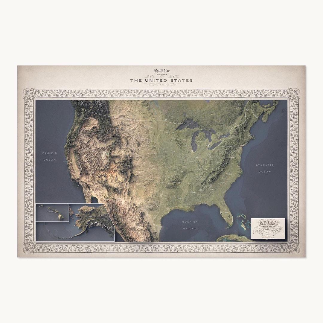 United States Map | Topographic Shaded Relief Map (atlas Style) | Flat ...