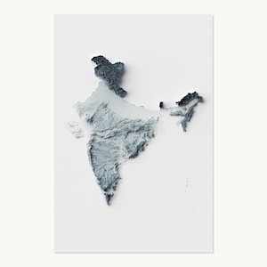 May include: A three-dimensional relief map of India rendered in shades of cool blue and grey. The topography features detailed mountain ranges and plateaus with a distinct shadow effect, set against a plain, solid white background.