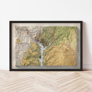 May include: A framed topographic map of Washington D.C. and surrounding areas. The map is in shades of green, brown, and blue, with a key showing elevation levels. The map is framed in black.