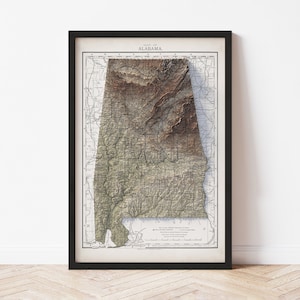 Alabama Topographic Map Poster | 1891 Vintage Replica | Giclee Wall Art Print | Framed Home Decor | 3D Relief Illusion