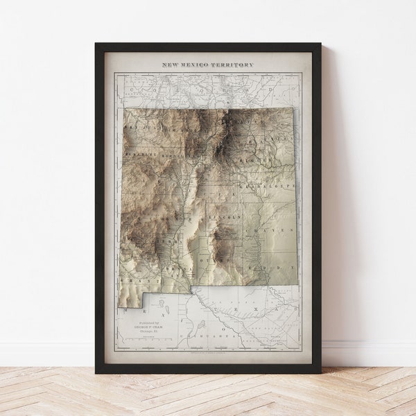 New Mexico Map  (1901) - Elevation Map - Map Art - Topographic - Terrain - Relief - Geologic - 3D Effect (Flat Print) - Gift