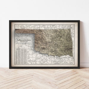 Oklahoma Map  (1931) - Elevation Map - Map Art - Topographic - Terrain - Relief - Geologic - 3D Effect (Flat Print) - Gift