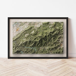 Great Smoky Mountains Topographische Karte Poster | 1957 Vintage Replica | Giclee Wand Kunst Druck | Gerahmte Wohnkultur | 3D Relief Illusion