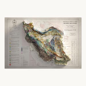 May include: A Tectonic Map of Iran featuring a raised, three-dimensional relief model of the country's geological landscape. The map displays colorful, textured terrain with detailed legends, scale information, and text titled Geological Survey of Iran.