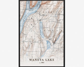 Waneta Lake Map  (1903) - Vintage Reproduction - Giclée Poster Print - Gift