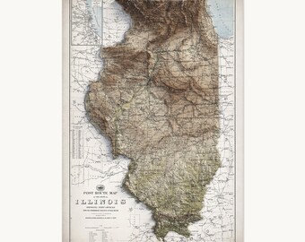 Illinois Map | Topographic Shaded Relief Map (1926 Reproduction) | Flat Prints That Look 3D!