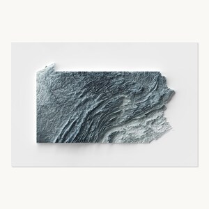 May include: A three-dimensional relief map of the state of Pennsylvania rendered in shades of gray and blue. The map displays detailed topographical features including mountain ridges, valleys, and terrain textures with a distinct shadow effect.