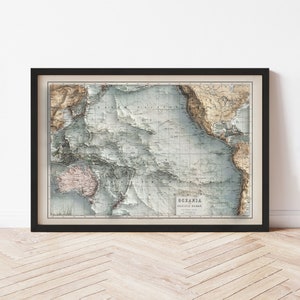 Pacific Ocean Map  (1884) - Elevation Map - Map Art - Topographic - Terrain - Relief - Geologic - 3D Effect (Flat Print) - Gift