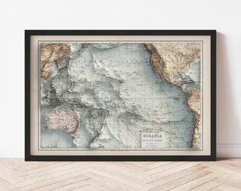 Pacific Ocean Map  (1884) - Elevation Map - Map Art - Topographic - Terrain - Relief - Geologic - 3D Effect (Flat Print) - Gift