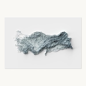 May include: A three-dimensional relief map of Turkey rendered in shades of cool blue, gray, and white. The map features detailed topographical textures showing mountain ranges and valleys, isolated against a plain, solid white background.