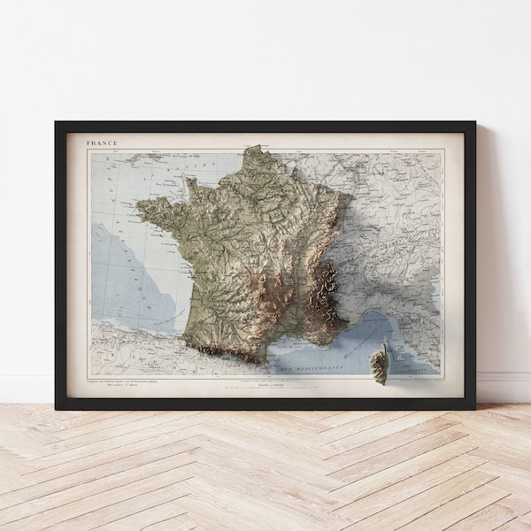 France Map  (1921) - Elevation Map - Map Art - Topographic - Terrain - Relief - Geologic - 3D Effect (Flat Print) - Gift