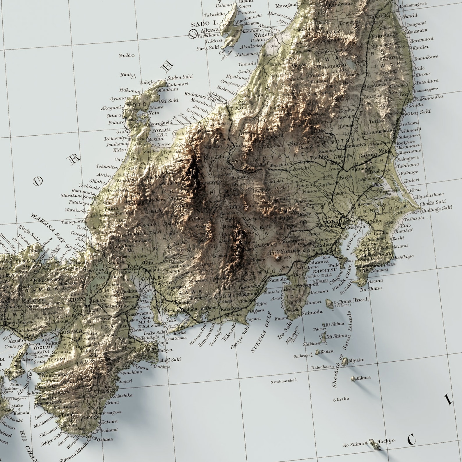 Japan Map Vintage Style Terrain Map Shaded Topographic Etsy