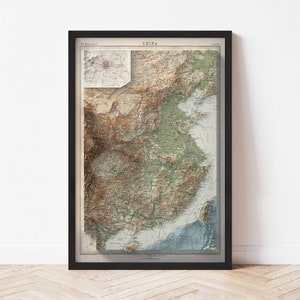 Eastern China Map  (1922) - Elevation Map - Map Art - Topographic - Terrain - Relief - Geologic - 3D Effect (Flat Print) - Gift