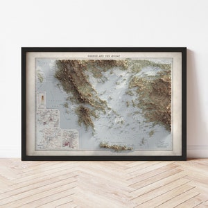 Greece Map  (1923) - Elevation Map - Map Art - Topographic - Terrain - Relief - Geologic - 3D Effect (Flat Print) - Gift