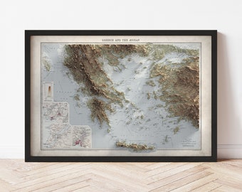 Greece Map  (1923) - Elevation Map - Map Art - Topographic - Terrain - Relief - Geologic - 3D Effect (Flat Print) - Gift