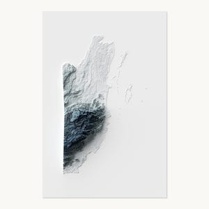 May include: A vertical rectangular art print featuring a relief map of Belize. The landmass is rendered in shades of white and deep blue, showing topographical elevation changes with a textured, three-dimensional appearance against a plain white background.