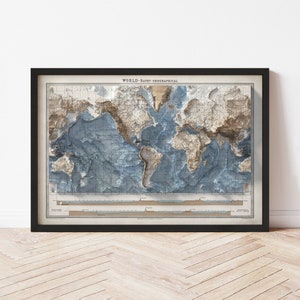 World Map  (1922) - Elevation Map - Map Art - Topographic - Terrain - Relief - Geologic - 3D Effect (Flat Print) - Gift