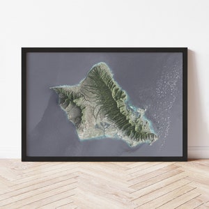 May include: A framed print of a satellite image of the island of Oahu, Hawaii. The image shows the island's coastline, mountains, and valleys in shades of green, brown, and blue.