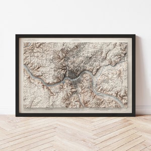 Cincinnati Map  (1914) - Elevation Map - Map Art - Topographic - Terrain - Relief - Geologic - 3D Effect (Flat Print) - Gift