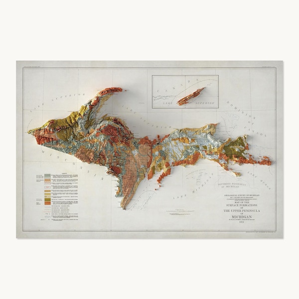 Upper Peninsula (Michigan) Poster | Topographic Shaded Relief Map (1911 Reproduction) | Flat Prints That Look 3D!