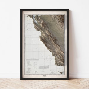 Central California Coast Topographic Map Poster | 1933 Vintage Replica | Giclee Wall Art Print | Framed Home Decor | 3D Relief Illusion