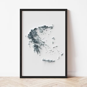 Greece Minimalist Relief Map - Elevation Map - Map Art - Topographic - Terrain - Relief - Geologic - 3D Effect (Flat Print) - Gift