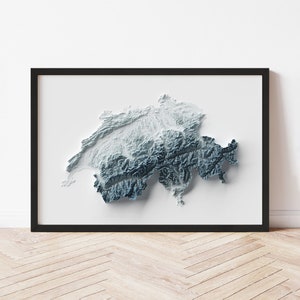 Switzerland Minimalist Relief Map - Elevation Map - Map Art - Topographic - Terrain - Relief - Geologic - 3D Effect (Flat Print) - Gift