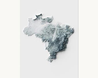 Brazil Poster | Topographic Shaded Relief Map (Minimalist Style) | Flat Prints That Look 3D!