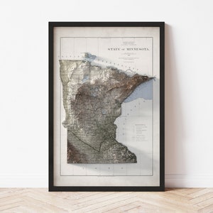 Mapa topográfico de Minnesota: Impresión Giclée de estilo vintage de 1876