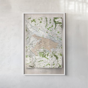 May include: A framed topographic map print featuring a detailed grid of streets, green forested areas, and a winding river. The map displays a tan-colored urban center surrounded by white and green terrain, all enclosed in a simple white frame.