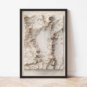 Lake Tahoe Map  (1896) - Elevation Map - Map Art - Topographic - Terrain - Relief - Geologic - 3D Effect (Flat Print) - Gift