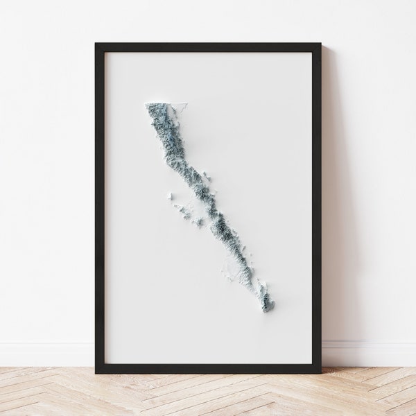 Baja Peninsula Minimalist Relief Map - Elevation Map - Map Art - Topographic - Terrain - Relief - Geologic - 3D Effect (Flat Print)