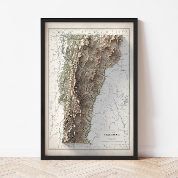 Vermont Map  (1901) - Elevation Map - Map Art - Topographic - Terrain - Relief - Geologic - 3D Effect (Flat Print) - Gift