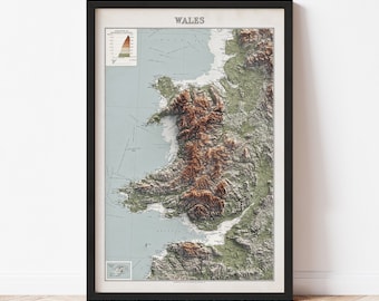 Wales Map  (1922) - Elevation Map - Map Art - Topographic - Terrain - Relief - Geologic - 3D Effect (Flat Print) - Gift