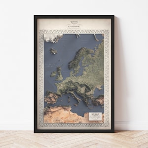 Europe Map - Elevation Map - Map Art - Topographic - Terrain - Relief - Geologic - 3D Effect (Flat Print) - Gift