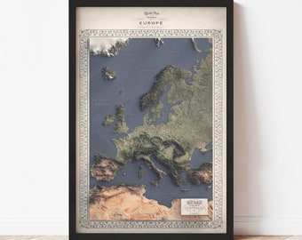 Europe Map - Elevation Map - Map Art - Topographic - Terrain - Relief - Geologic - 3D Effect (Flat Print) - Gift