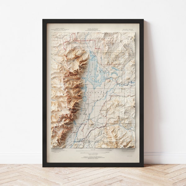 Grand Teton National Park Map  (1899) - Elevation Map - Map Art - Topographic - Terrain - Relief - Geologic - 3D Effect (Flat Print) - Gift