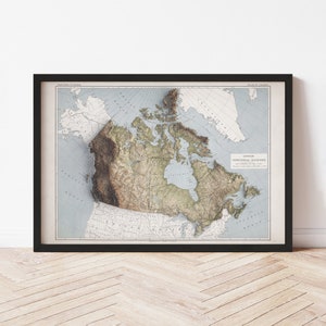 Canada Map  (1915) - Elevation Map - Map Art - Topographic - Terrain - Relief - Geologic - 3D Effect (Flat Print) - Gift