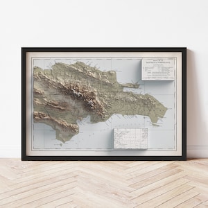 Dominican Republic Topographic Map Poster | 1910 Vintage Replica | Giclee Wall Art Print | Framed Home Decor | 3D Relief Illusion